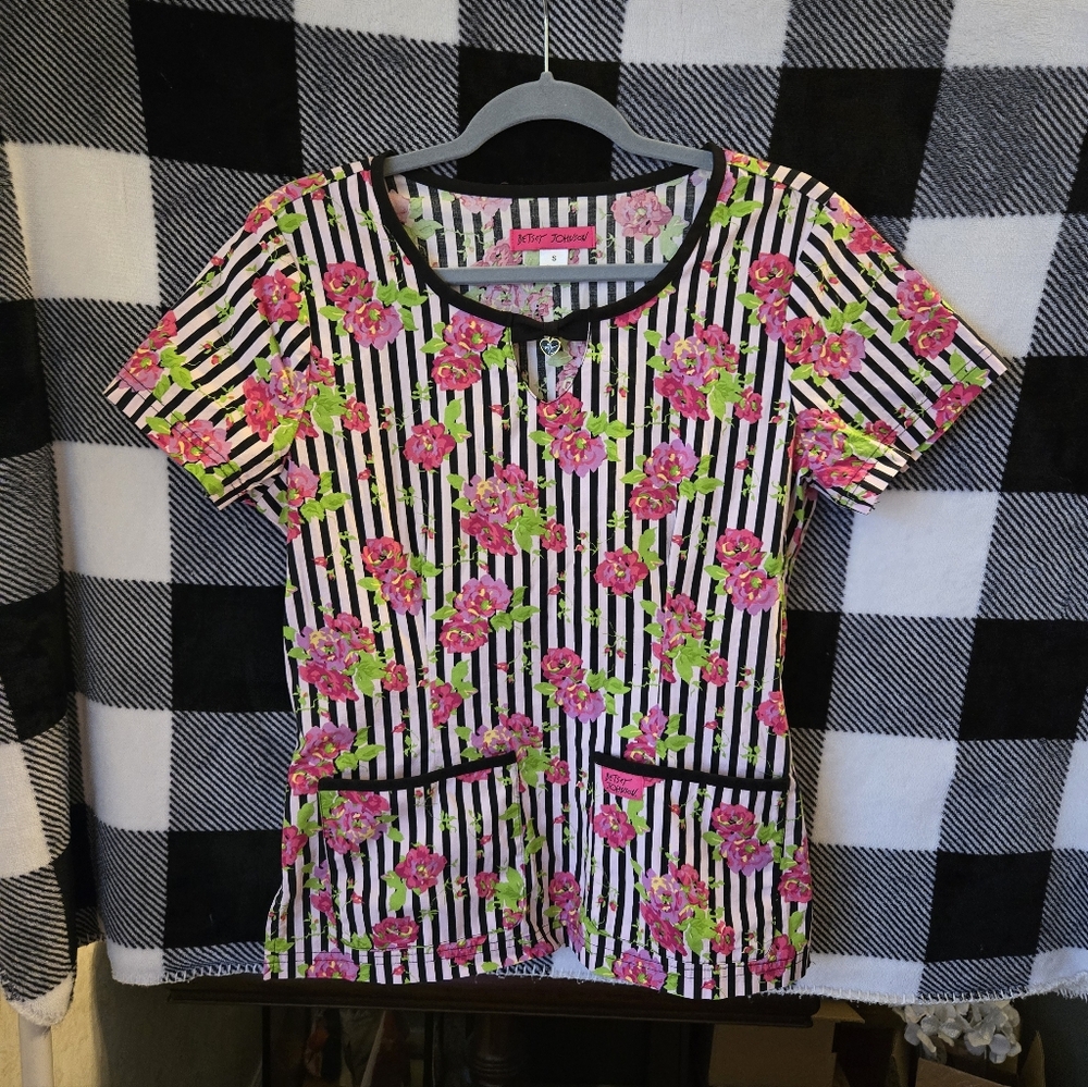 Betsey Johnson Black & White Stripe Tee with Pink Floral Print